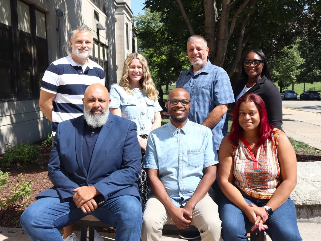 (front row, from Left to Right) Jarred Brown, Dirksen Junior High; Elvis Madison, Jr., Gompers; Ayanna Smith, Gompers; (back row, from L to R) Christopher Scharpf, Hufford; Rebecca Capp, Sandburg; Wayne Jackson, Singleton; and Sha'Riah Morris, Thigpen