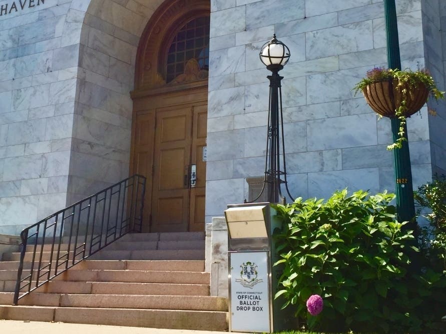Official ballot drop box outside of Town Hall. 