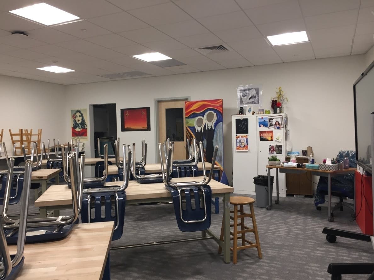 A classroom at Walsh Intermediate School, where students will pivot from hybrid to full, in-person learning starting March 29.