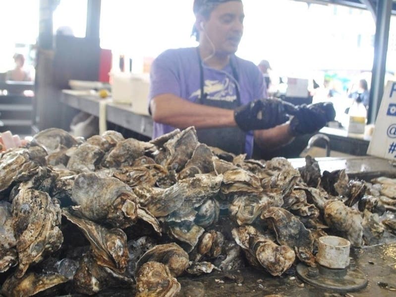 A man shucks oysters.