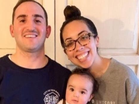 ​New Haven firefighter Ricardo Torres, Jr., his wife Erica Martinez, and young son Oliver. Their son Crew is due to be born in August.​