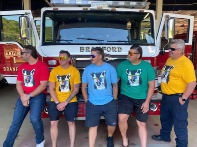 Branford firefighters Tyler Olt, Riley O'Donnell, Chris Fig, Mike Olejarczyk and Capt. Randy Chittenden, don mullets to raise funds for the Dan Cosgrove Animal Shelter. 