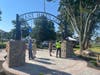 East Haven Mayor Joe Carfora surveys the new arch installed at the Town Green by public works staff. 