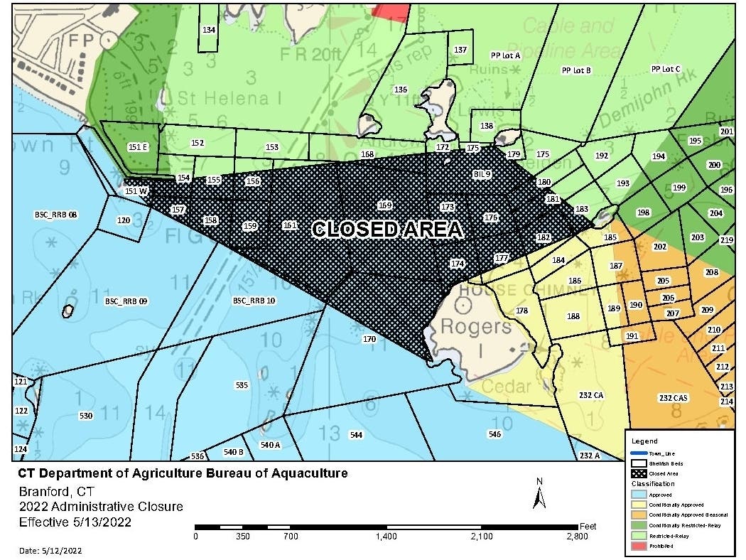 Due to "Poor Bacteriological Water Quality," shell fishing in the area of the Thimble Islands is closed. 