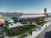 Rendering of what's in store for Long Wharf Park in New Haven including public site furniture, a playground, outdoor fitness equipment, upgraded walkways, bike paths, and lighting.
