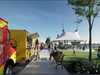Rendering of what's in store for Long Wharf Park in New Haven including a food truck pavilion, as well as special furnishings and landscaping near the war memorials to help facilitate solemn remembrance and reflection. 