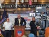 East Haven Fire Department Chief Matthew Marcarelli, East Haven Mayor Joseph A. Carfora and East Haven Police Department Chief Edward Lennon at the Bronx firehouse for the ceremony. 