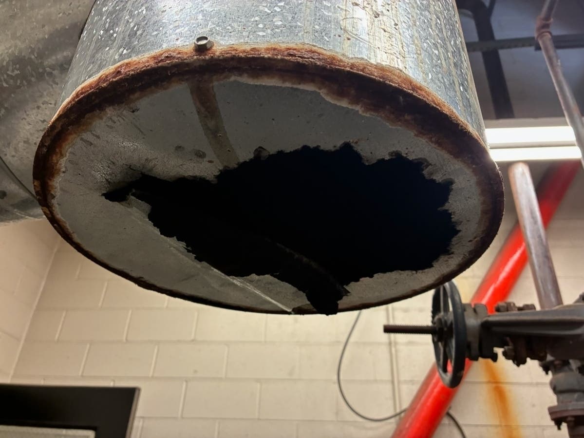 The boiler inside the maintenance building at Tweed New Haven Airport has a large gaping hole in its flue, which led to CO levels many times higher than allowed under federal regulations. Not state-inspected, Avports spox says it does its own inspections.