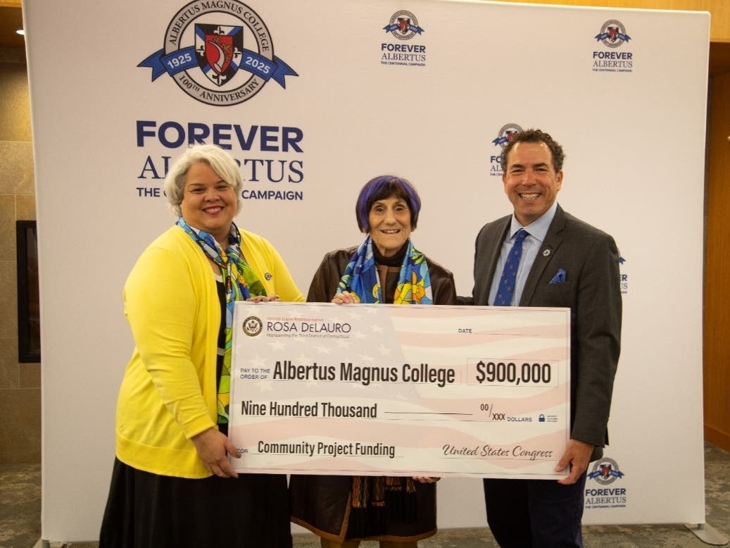 Dr. Rosa Rivera-Hainaj, Vice President for Academic Affairs,  U.S. Rep. Rosa DeLauro and Dean of Faculty  Dr. Marc M. Camille, President of Albertus Magnus College