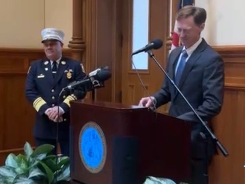 Daniel Coughlin was sworn in by Mayor Justin Elicker as the next permanent Fire Chief of the New Haven Fire Department Tuesday at City Hall.