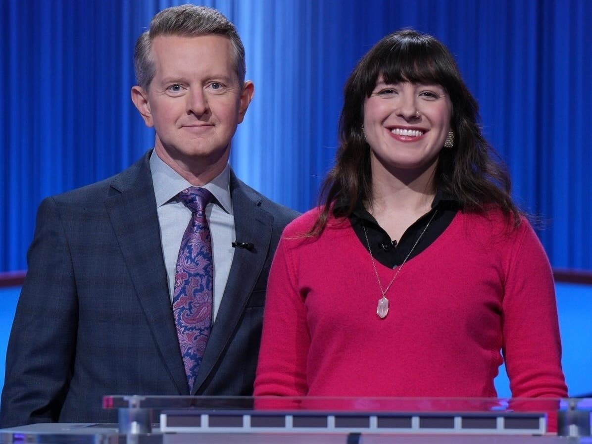 Jeopardy! host Ken Jennings and contestant Lydia Sekscenski, Southern Connecticut State University alumna. 