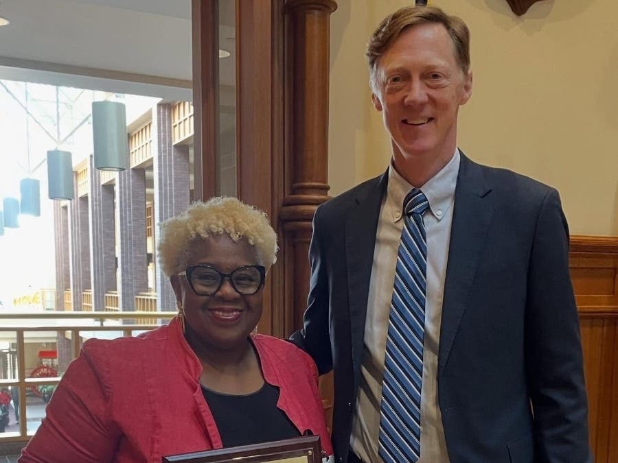 Velma George-James with Mayor Justin Elicker. "Thank you, Velma—you've been a gift to our residents and city—and we wish you all the best in your retirement," Elicker said.