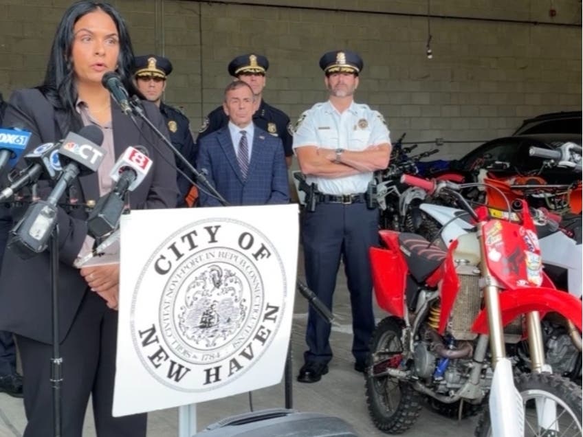 New Haven Police Department Assistant Chief Manmeet Bhagtana provided details on some arrests in a news briefing at the NHPD training facility on Sherman Parkway.