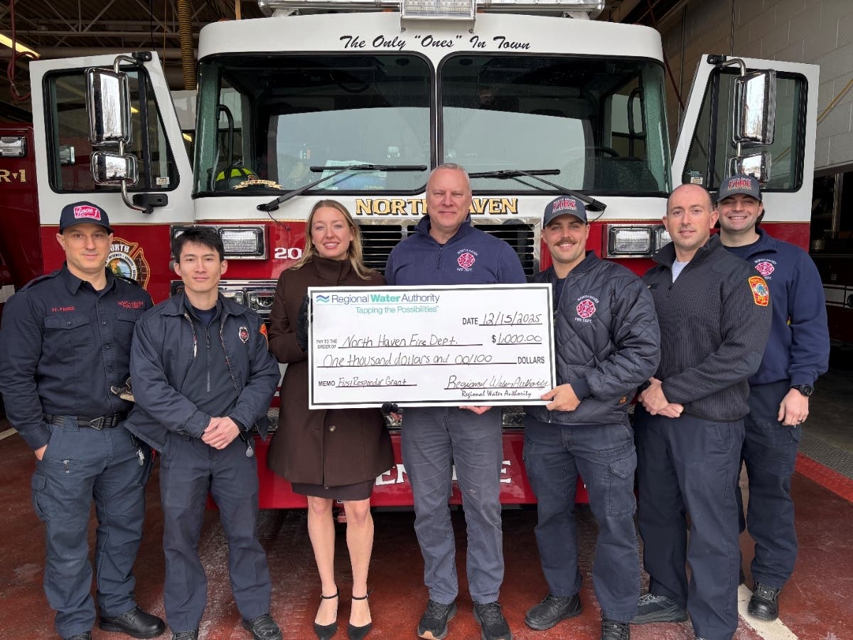 2025 award recipient North Haven FD: Firefighter Mike Panek, Firefighter Paul Nguyen, RWA Manager of Government and Community Affairs Nicoletta Blevins, Firefighter Jeff Pranger, Ben Dispoto, Deputy Chief Jeffrey Naples, and Firefighter Josh Piscitello.