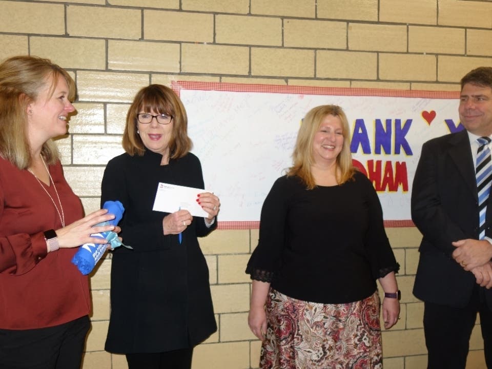 In photo, left to right - Adult Basic Education Site Coordinator Tammy MacDonald, Director Susan Haberstroh, Supt. Jill Rossetti, and District School Committee Vice Chair Eric Erskine of Braintree celebrate grant from Dedham Savings Community Foundation.