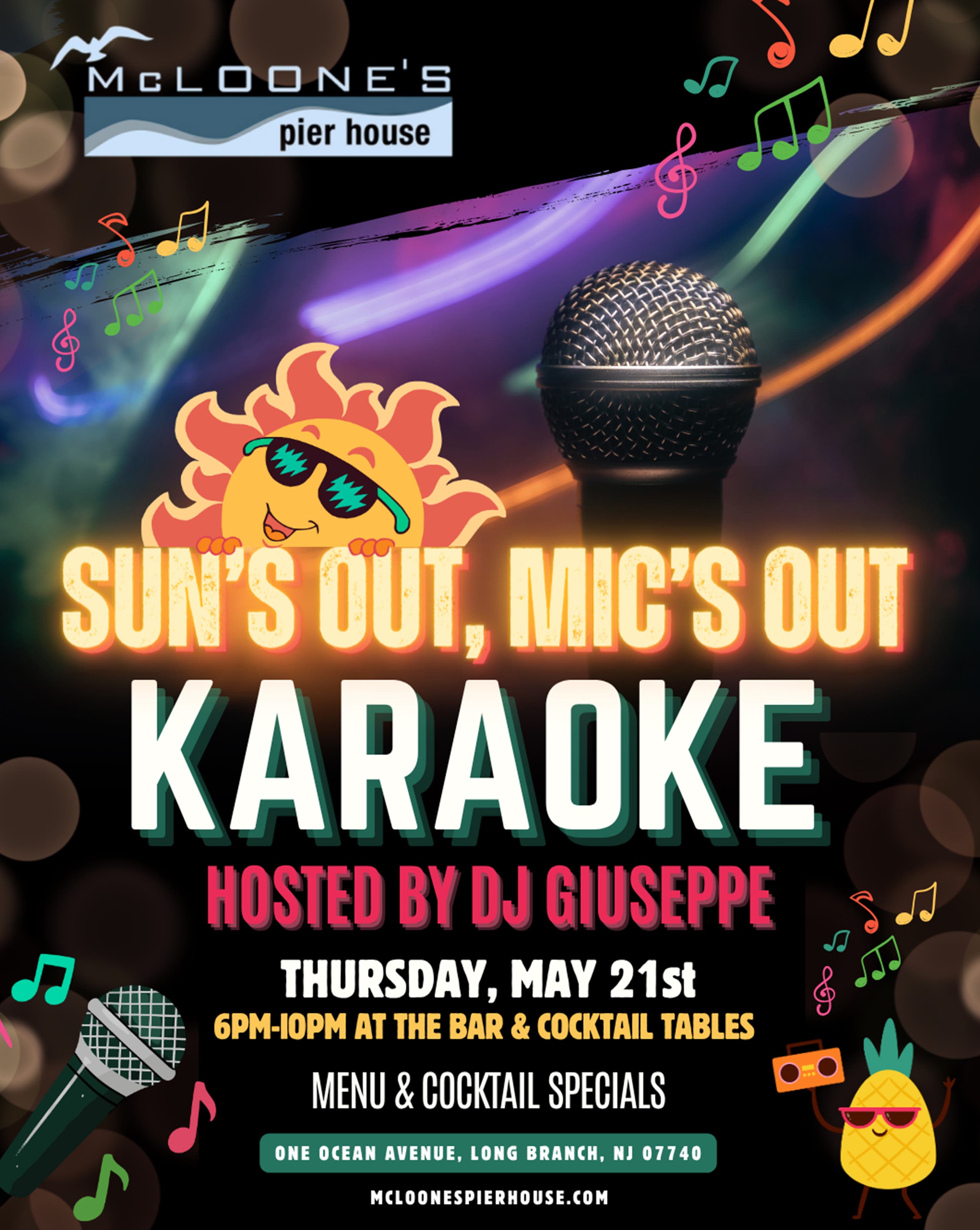 Sun’s Out, Mic’s Out Karaoke at McLoone’s Pier House in Pier Village in Long Branch