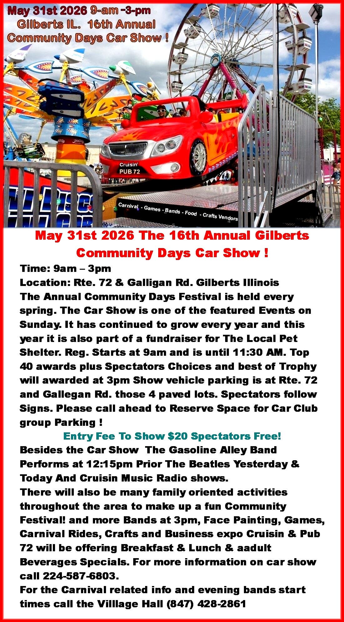 Show Day May 31 | The 16th Annual Gilberts Community Days Car Show ! | Huntley ...
