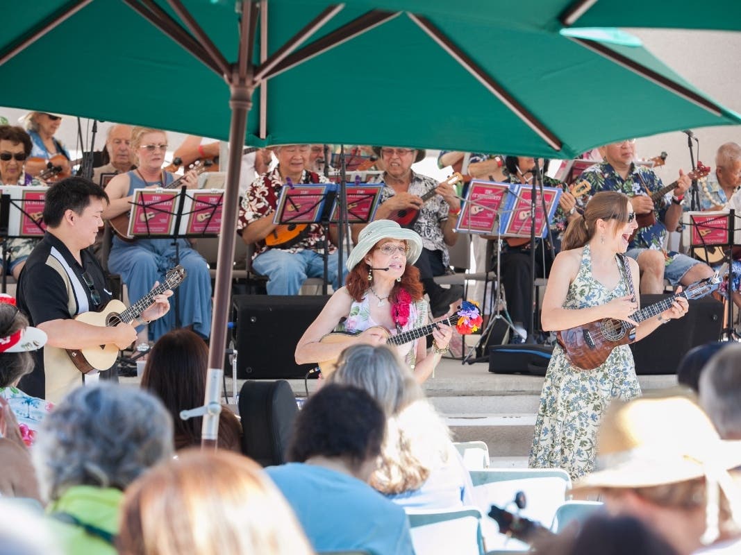 Pictured are the CC Strummers at the first L.A. International Ukulele Festival in 2015. They will return this year for a strum along on Saturday, September 19. The Festival begins Friday the 18th and culminates on Sunday the 20th. Tickets on sale now.