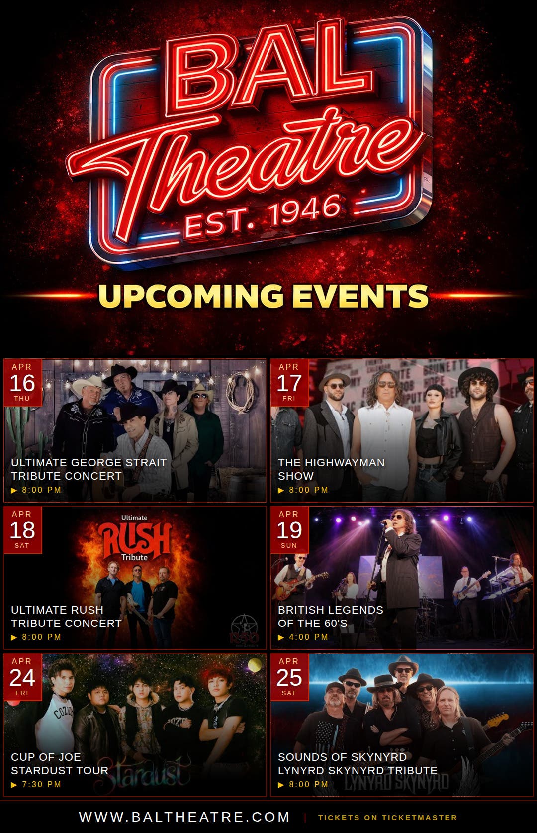 Live Music All Month at the Historic BAL Theatre: George Strait, Rush, Highwayman, Lynyrd Skynyrd Tributes & More