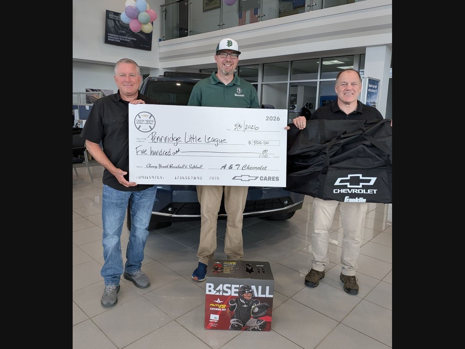 PICTURED (L-R); Jeff Allen, A&T Chevrolet President; Nate Ritter, Pennridge Little League President; Joe Fost, A&T Chevrolet General Manager