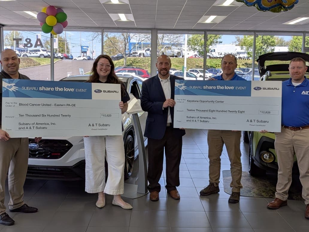 PICTURED, L-R: Phil LaFiura, A&T Subaru; Katie Scarlett,  Blood Cancer United Eastern PA-DE; Brandon Trombetta, Keystone Opportunity Center; Joe Fost, A&T Subaru; Jeramie Treadway, A&T Subaru