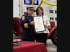 Simsbury’s retiring Fire Chief James Baldis with Lisa Seminara, Simsbury’s State Senator, at the ceremony to swear in a new Fire Chief, Todd Myers. Baldis is retiring after 20 years as Chief of Department and a 48-year firefighting career. 