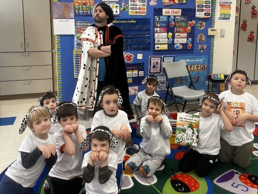 “Cruello” DeVille and his Dalmatians on the 101st day of school at the at the Cranford Community Center.