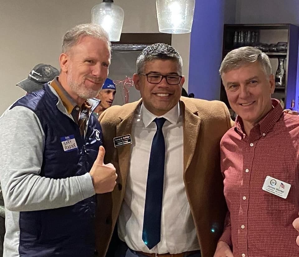 Left to right: Illinois Governor Candidate Gary Rabine, Lieutenant Governor Candidate Aaron Del Mar and a supporter at a recent event in Lockport.