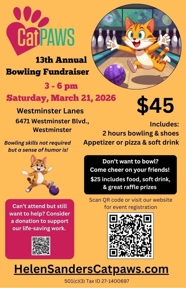 Helen Sanders CatPAWS 13th Annual Bowling Fundraiser