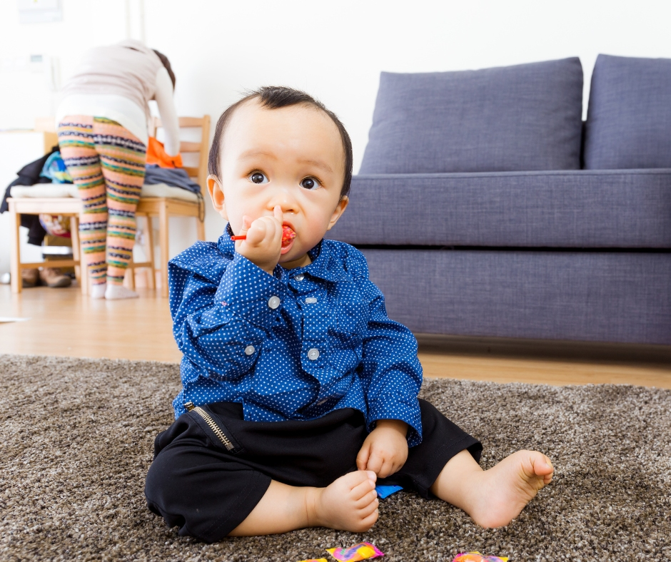 Baby accidentally eating a marijuana edible while the mom is busy looking for something. 