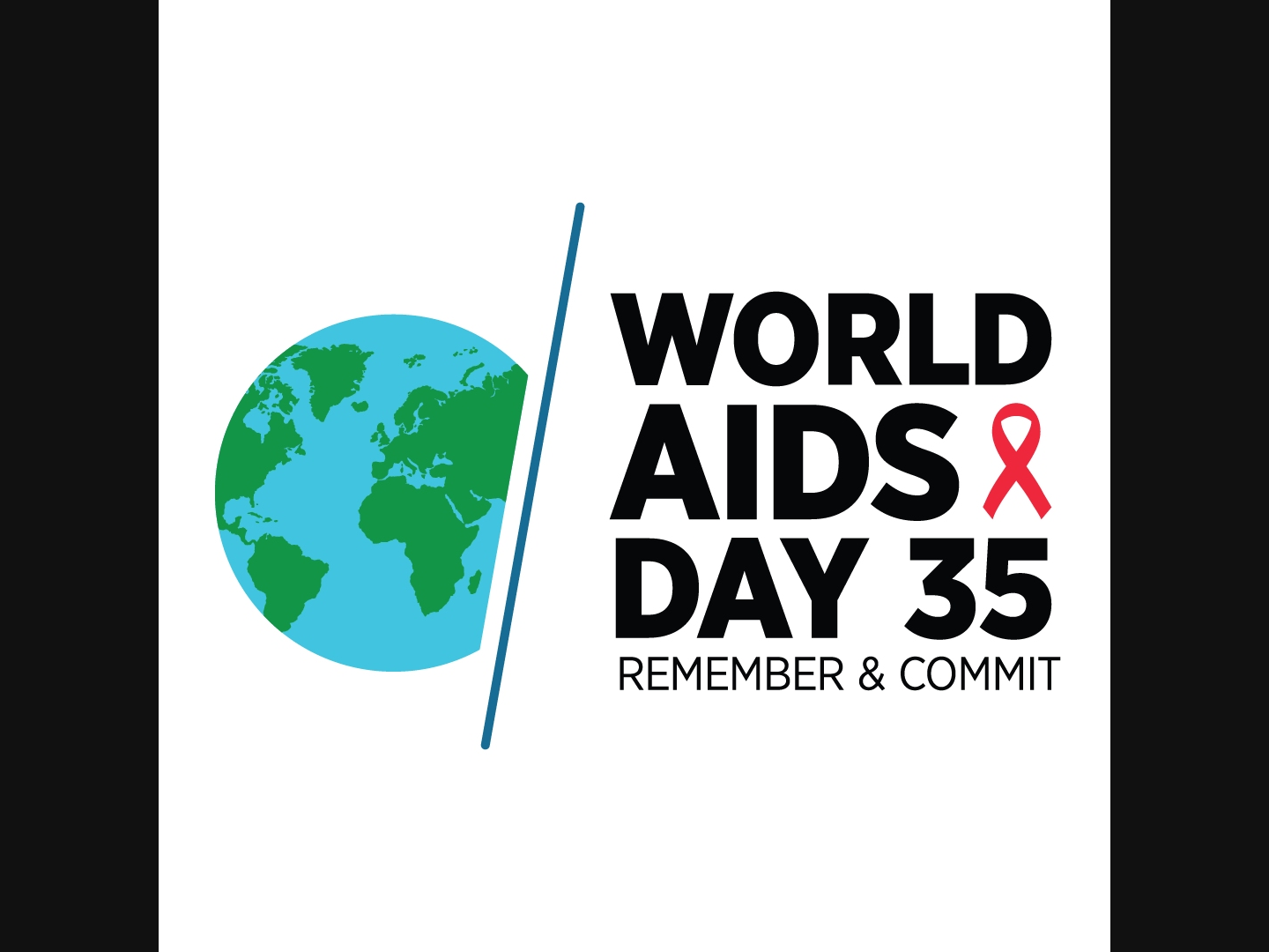 Image of a globe next to World AIDS Day 35 Remember & Commit. This is the theme for this year's World AIDS Day.