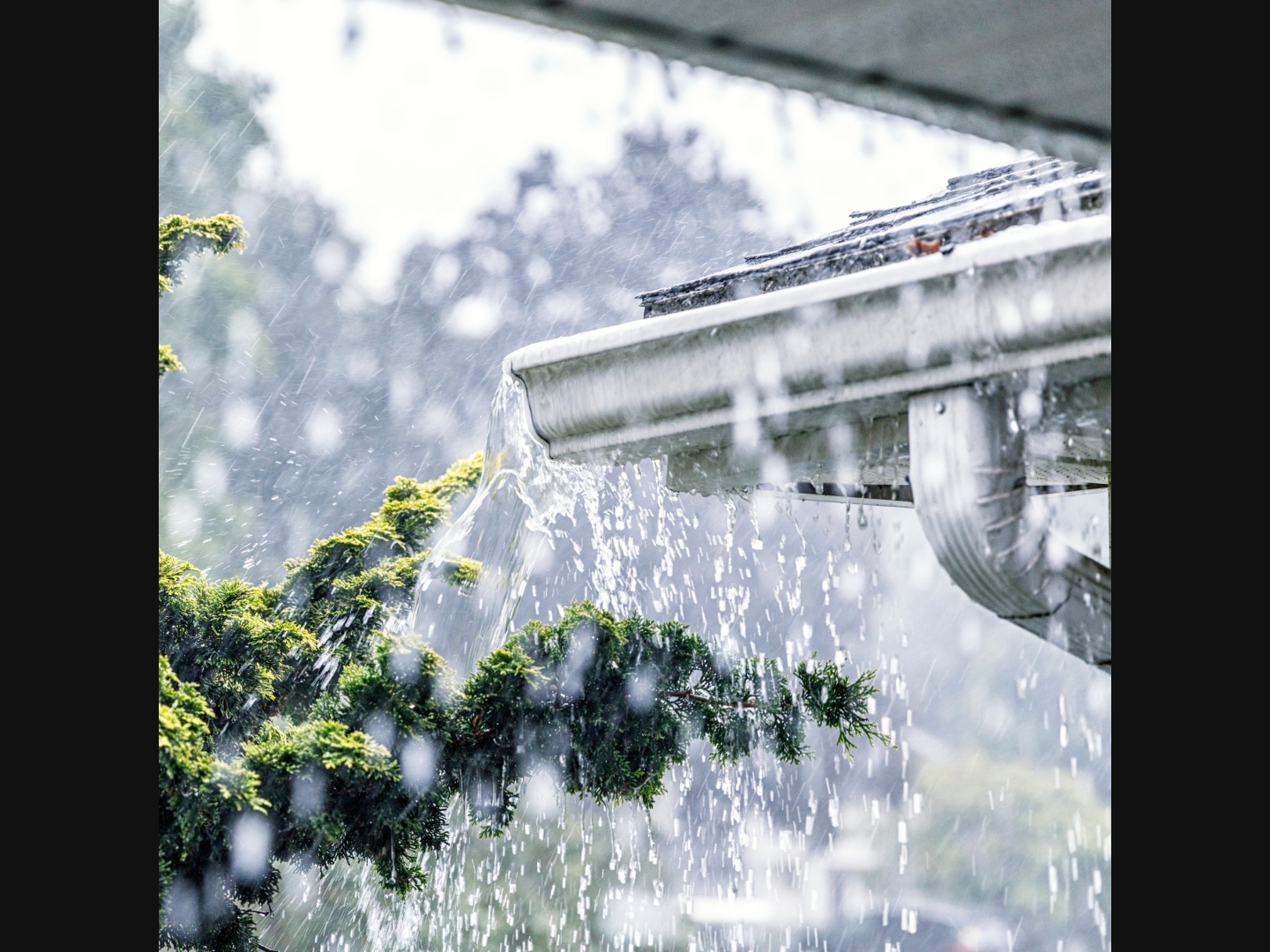 Water pouring down a gutter of a house during an intense rainstorm. 