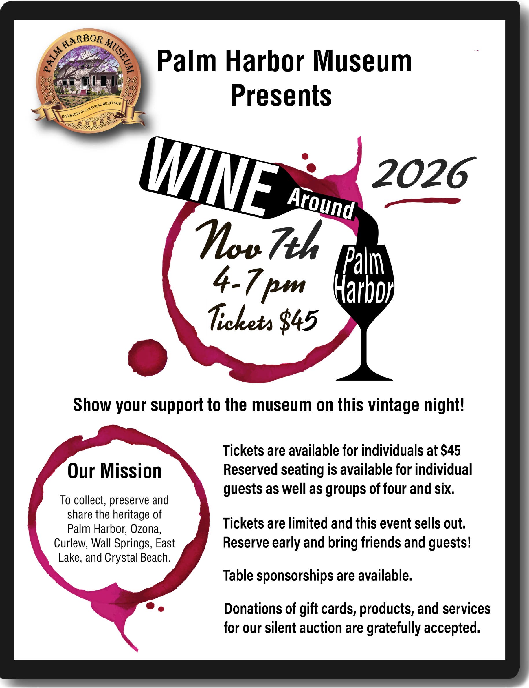 Palm Harbor Museum’s Annual Wine Around Palm Harbor on Sat., Nov 7 from 4-7 PM
