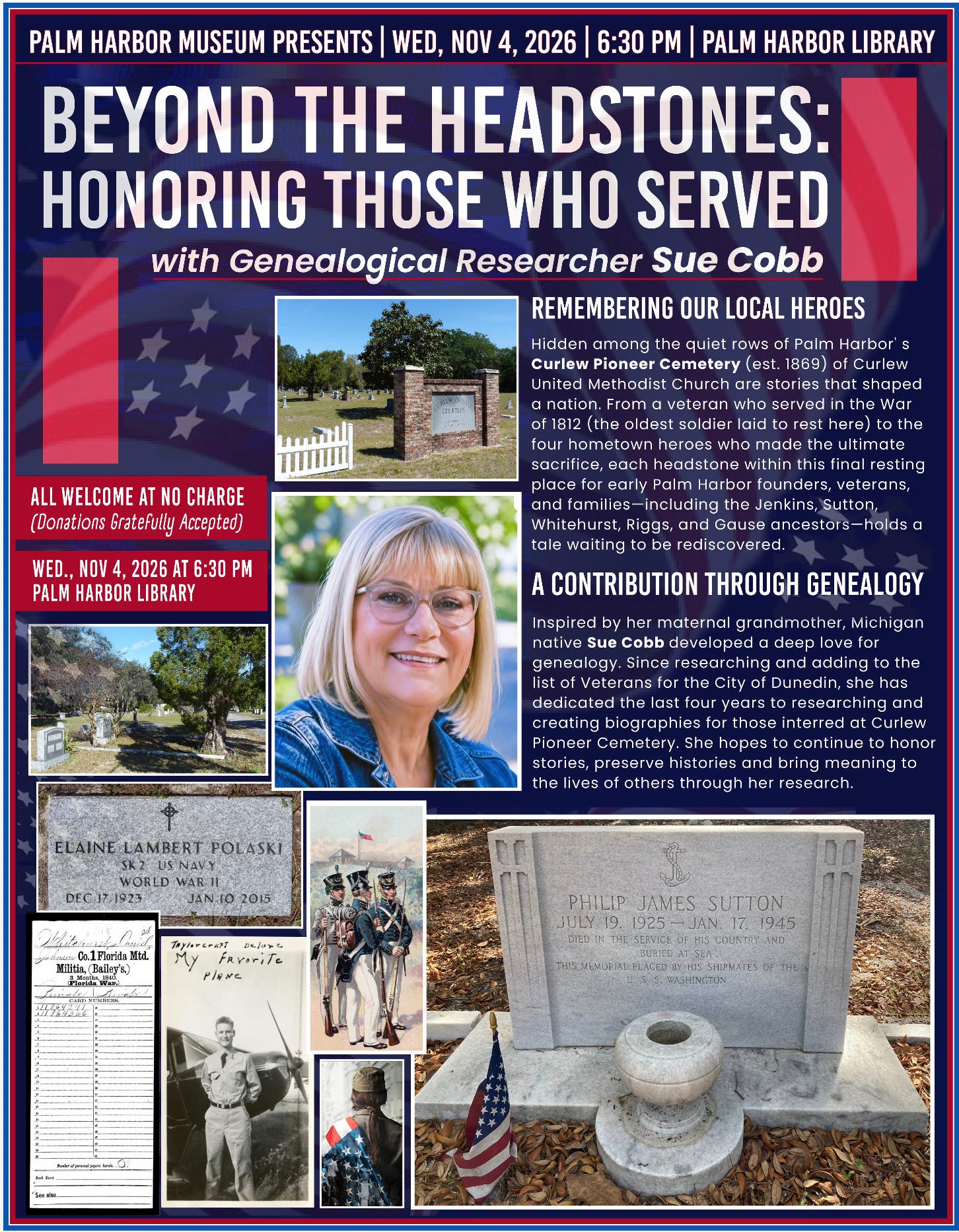 Palm Harbor Museum Presents Sue Cobb with Beyond the Headstones: Honoring Those Who Served — Nov 4