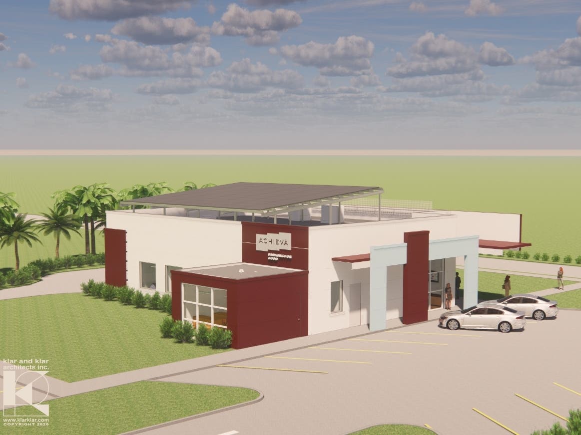 Exterior rendering of the planned Trinity branch featuring a solar array that will generate energy for the net zero building. 
