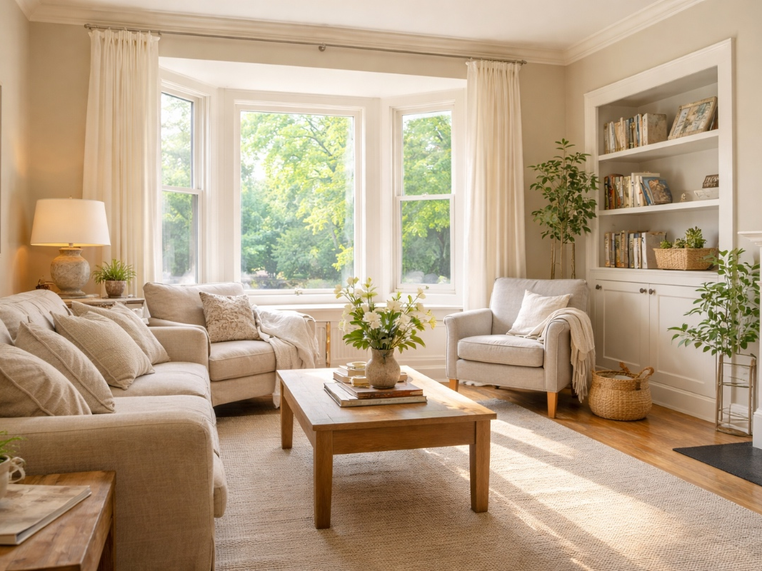 A calm home interior — because buying or selling a home shouldn’t feel overwhelming. Clear, pressure-free real estate guidance helps buyers and sellers make confident decisions without panic.