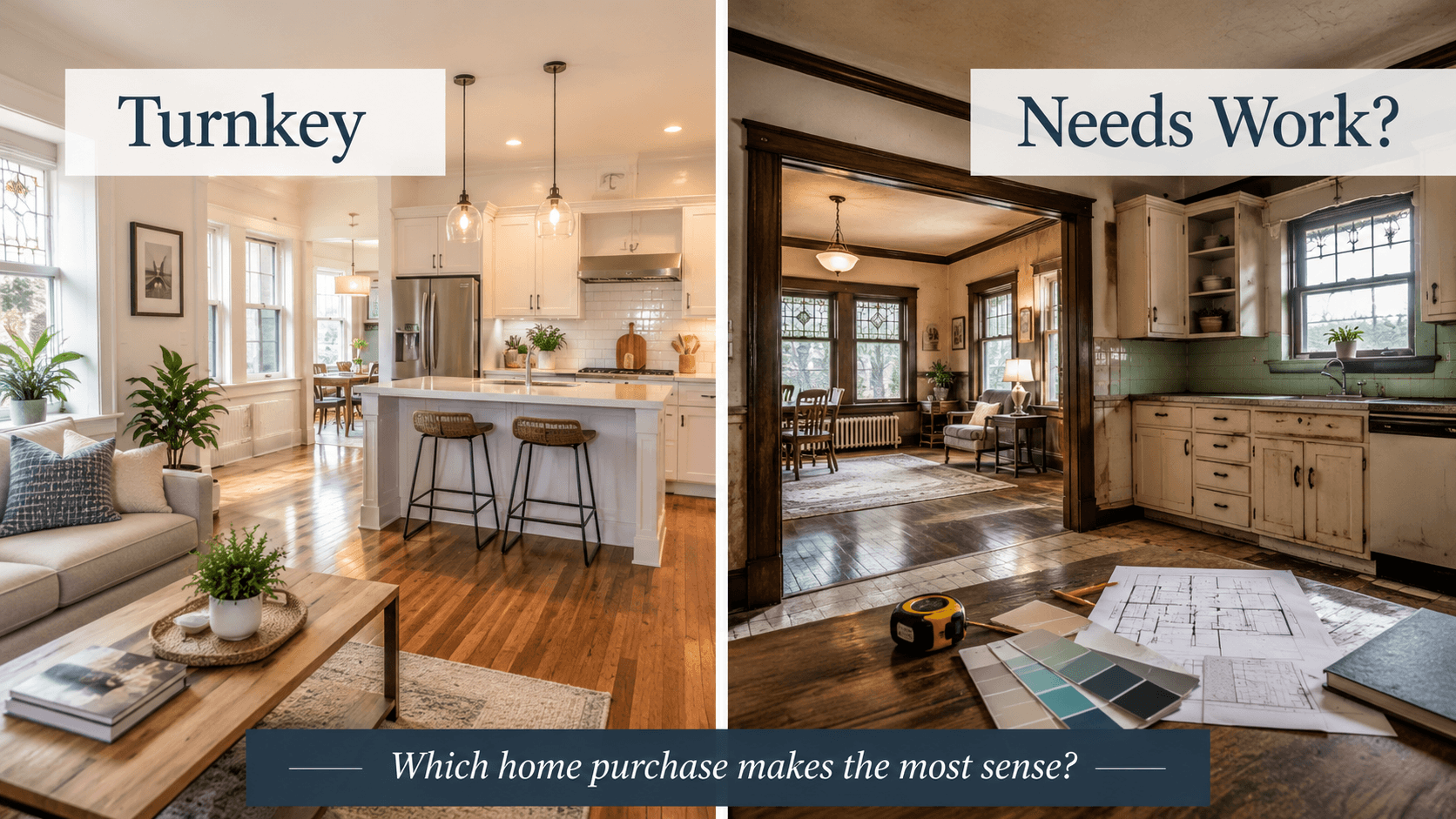 Split-screen graphic comparing a bright turnkey home with a dated older home that needs work, helping Oak Park and River Forest buyers decide between move-in ready homes and fixer-upper renovation opportunities.