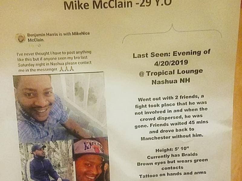 A poster of Michael McClain that friends and family are circulating in Nashua.