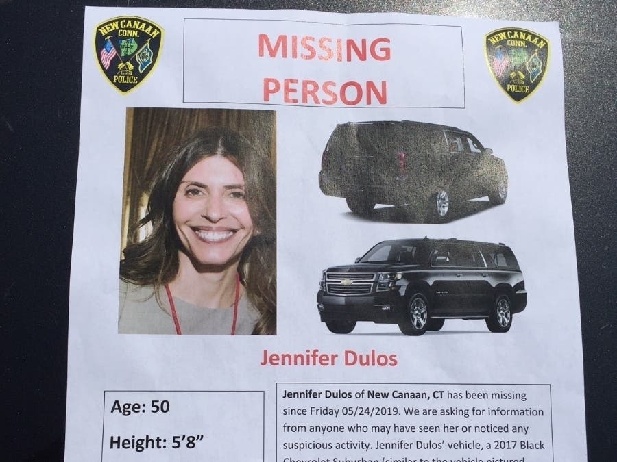 A missing person flyer distributed by New Canaan police in the Jennifer Dulos case.
