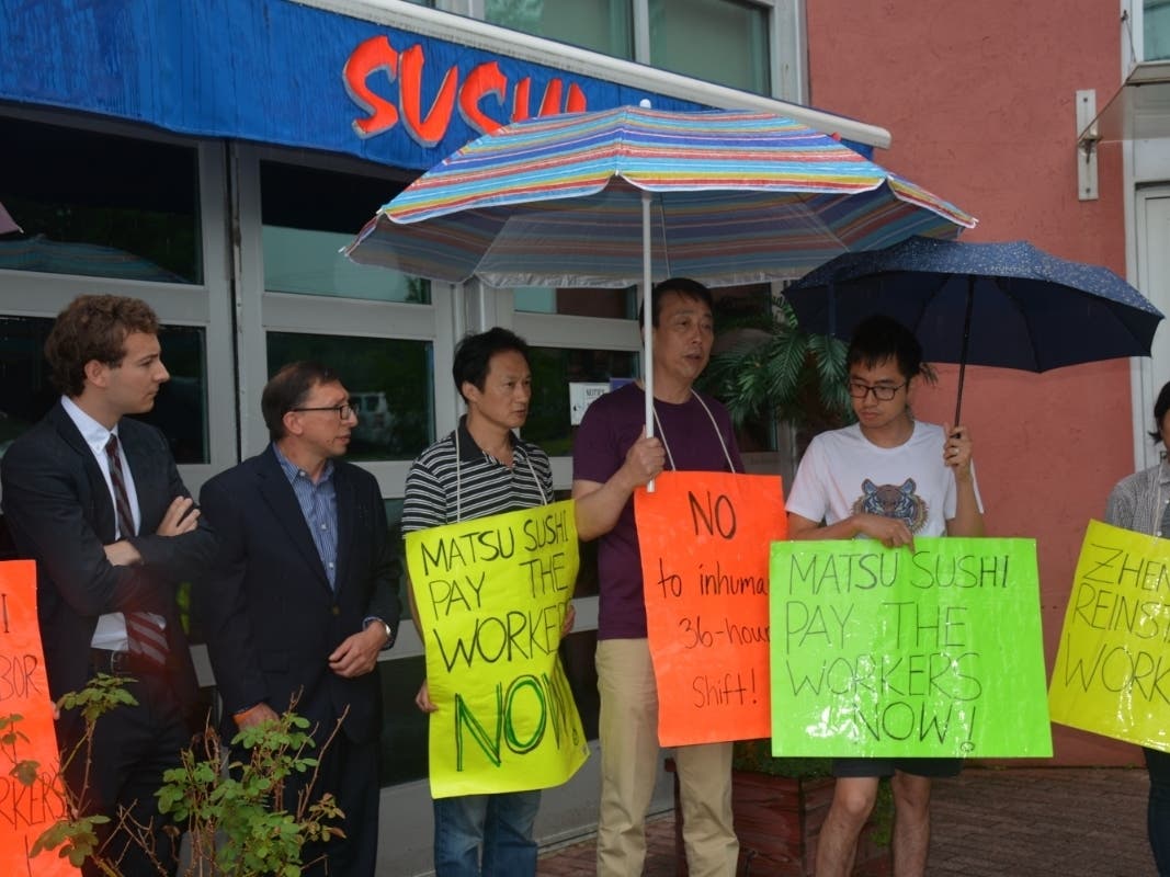 State Sen. Will Haskell (D-26th), left, Westport RTM member Sal Liccione and Jianming Jiang and Liguo Ding call for a boycott of Matsu Sushi.