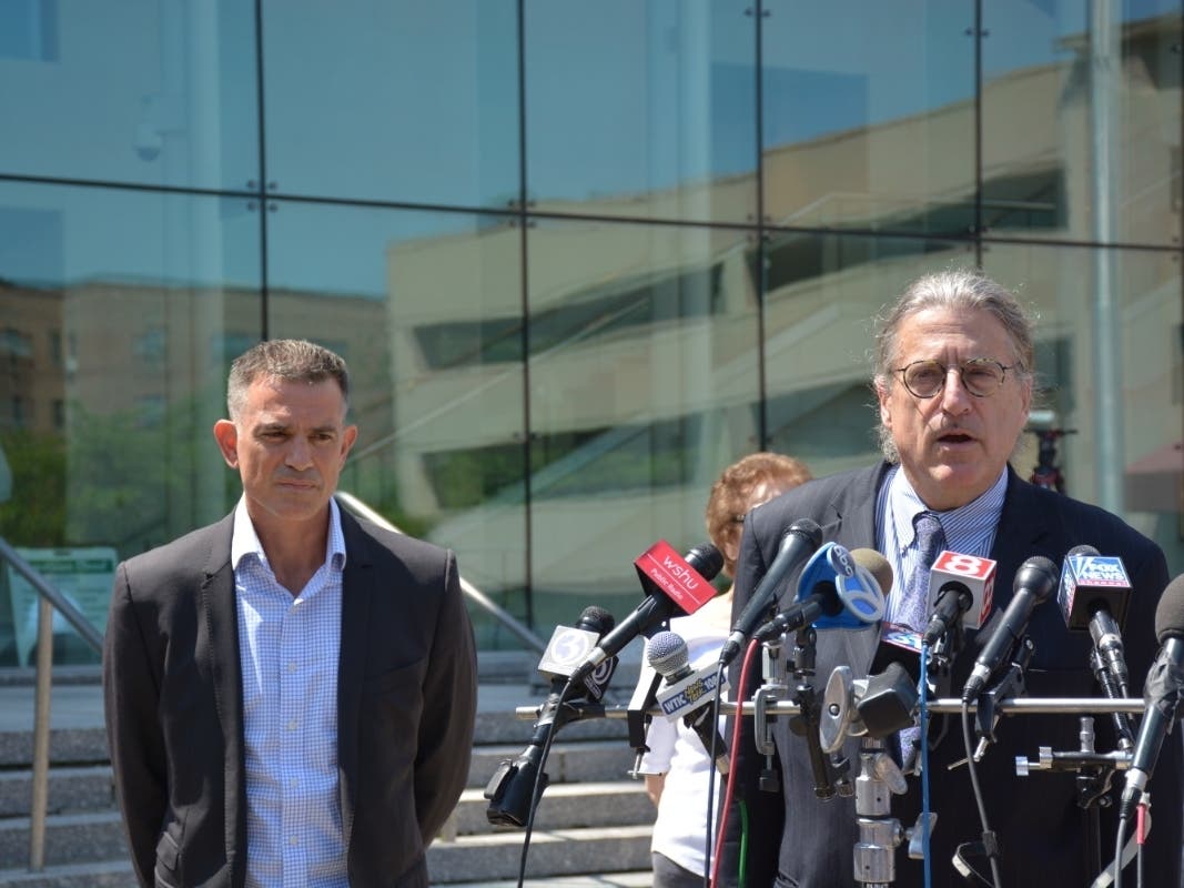Fotis Dulos, left, and attorney Norm Pattis outside of Stamford Superior Court following a recent hearing.