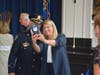 First Selectman Jayme Stevenson takes a selfie with the new chief following the ceremony.