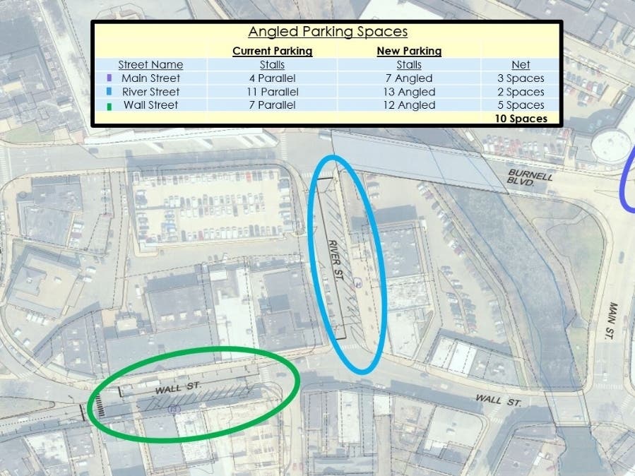 New angled parking spaces are going in on along Wall, River and Main streets in Norwalk beginning on Sept. 16.