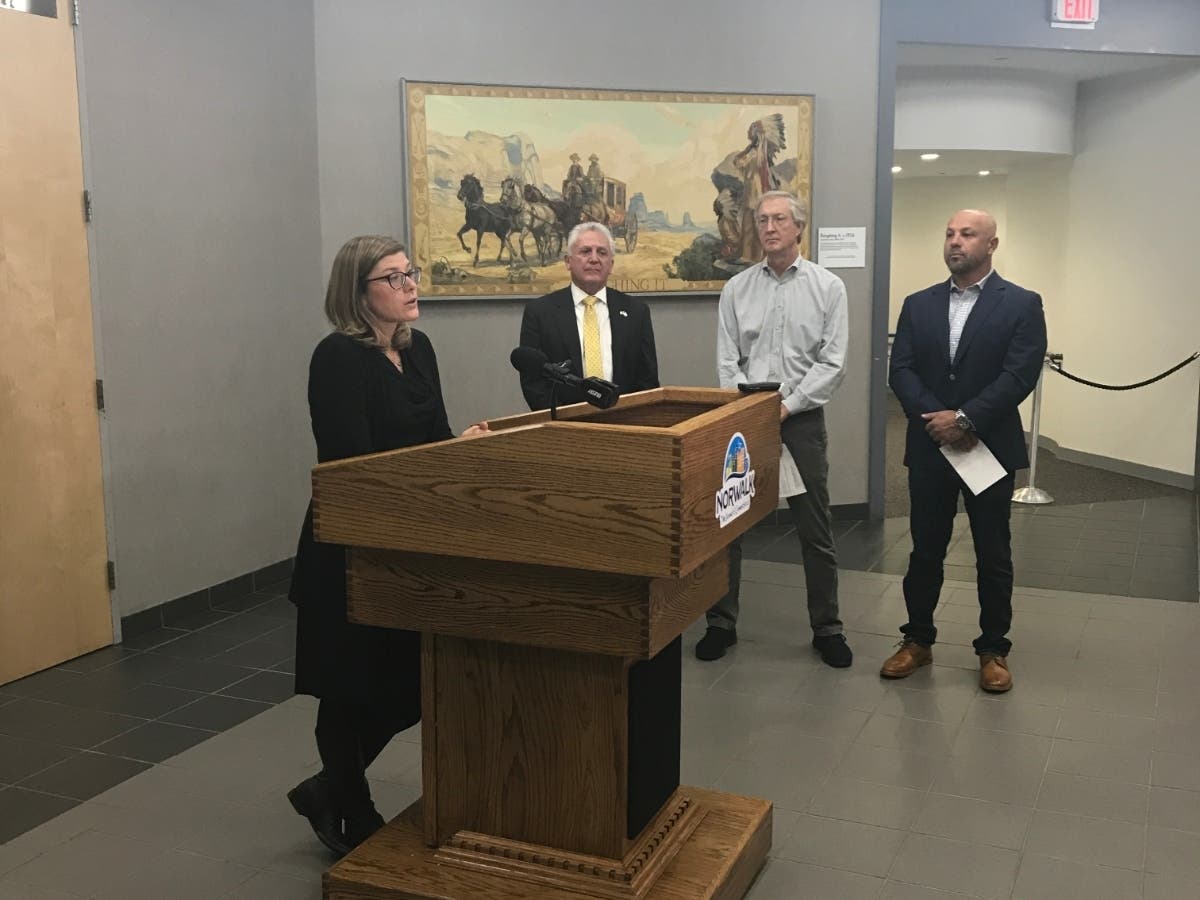 The launch press conference of the Small Business and Main Street Program. From L-R, Jessica Casey, Chief of Economic and Community Development; Mayor Harry Rilling; Common Council President Tom Livingston; Common Council member George Tsiranides.