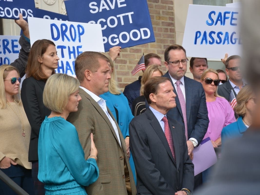 Kallie and Scott Hapgood, with Sen. Richard Blumenthal, at a recent support rally in Darien.