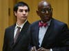 Brandon Wagshol, left, and attorney Darnell Crosland at Wednesday's hearing in Stamford Superior Court.