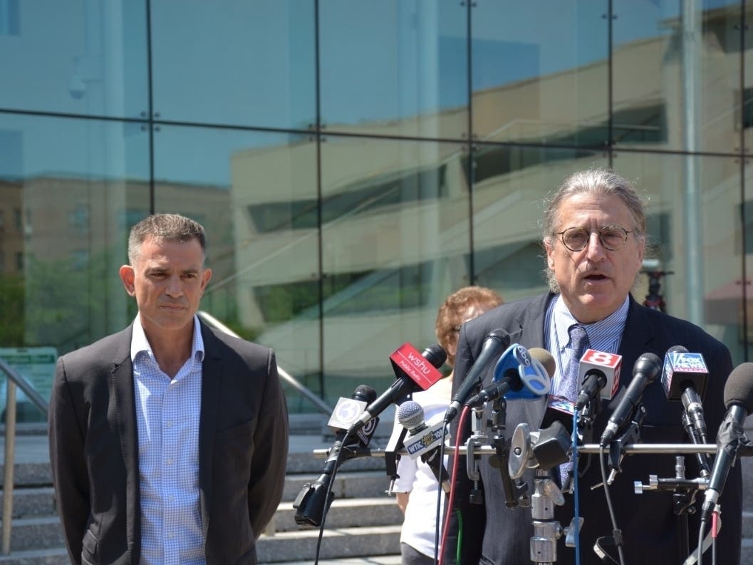 The late Fotis Dulos, left, and attorney Norm Pattis outside of Stamford Superior Court following a hearing last year.