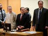 Kent Mawhinney, left, and his attorneys Lee Gold, center, and Jeremy Donnelly at Thursday's hearing in Stamford Superior Court. Press pool photo