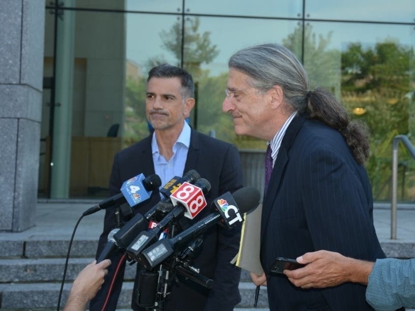 The late Fotis Dulos, left, and attorney Norm Pattis following a court hearing in Stamford in 2019.