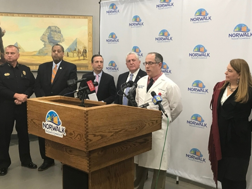 From left, Police Chief Tom Kulhawik; Common Council Majority Leader Greg Burnett; state Senate Majority Leader Bob Duff; Mayor Harry Rilling; Dr. Paolo Pino, Infectious Disease Expert, Norwalk Hospital/Nuvance Health;  state Rep. Lucy Dathan